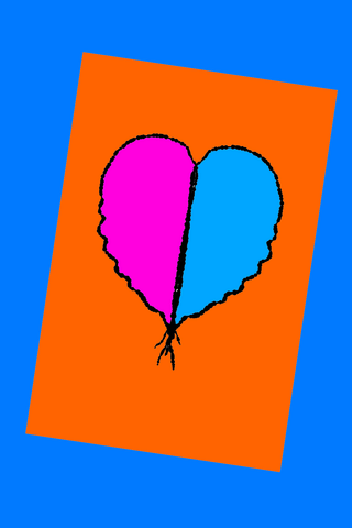 A heart divided into pink and blue halves sits on a tilted orange rectangle over blue.