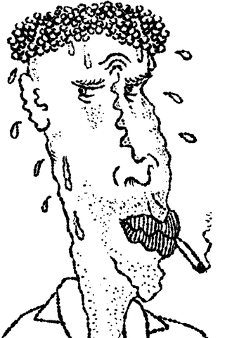 A long narrow face sweats heavily while holding a small pipe between its lips.