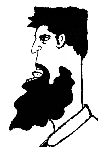 A stark black-and-white profile has a tall block of hair and a large dark beard.