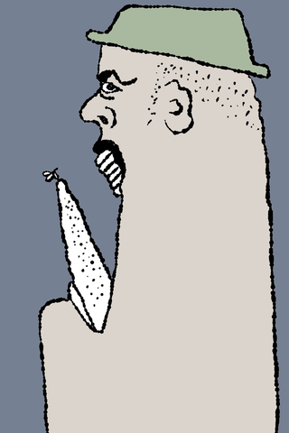 An elongated side-facing man in a pale green hat holds a spotted tie-shaped form beneath his chin.