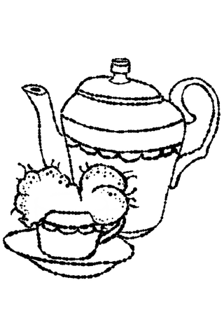 Striped teapot with a cup, saucer and three round fruits.