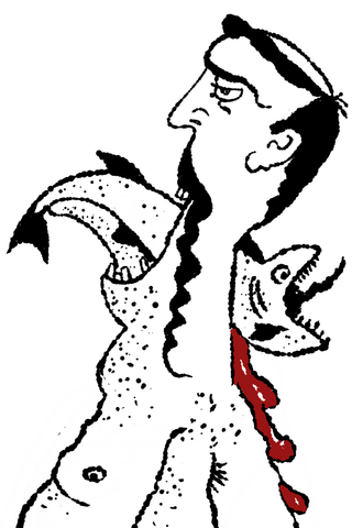 A tall bearded profile rises behind two smaller open-mouthed faces with red accents.