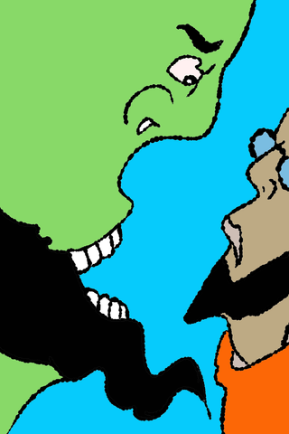 A large green face and a smaller tan face look toward one another across a bright blue gap.