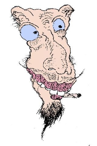 A creature-like face has bulging blue eyes, pointed ears, pink facial hair, and a dark tapering neck.