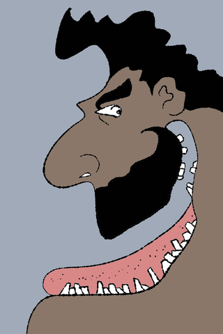 A brown face with a large nose opens a black mouth above an extended pink tongue.