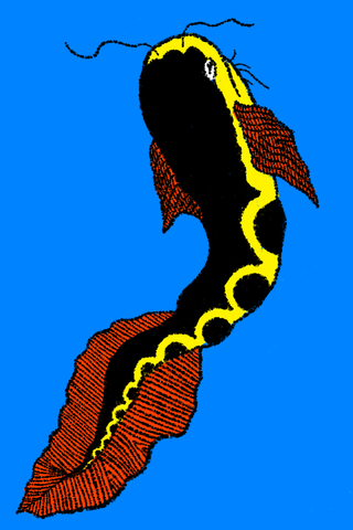 A tall curved black figure with yellow edging and red textured wings stands against blue.