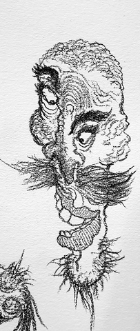 A dense black line drawing shows a deeply wrinkled head in profile.