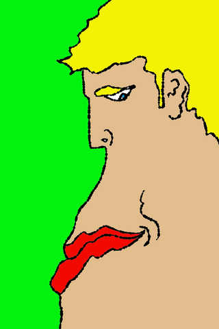 A flat-colour side profile with bright yellow hair extends a red tongue against a green background.