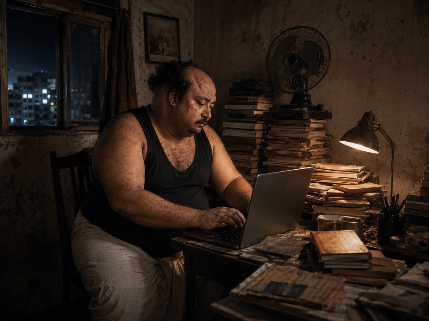 A middle-aged man works at a laptop in a dim, book-cluttered Calcutta room at night