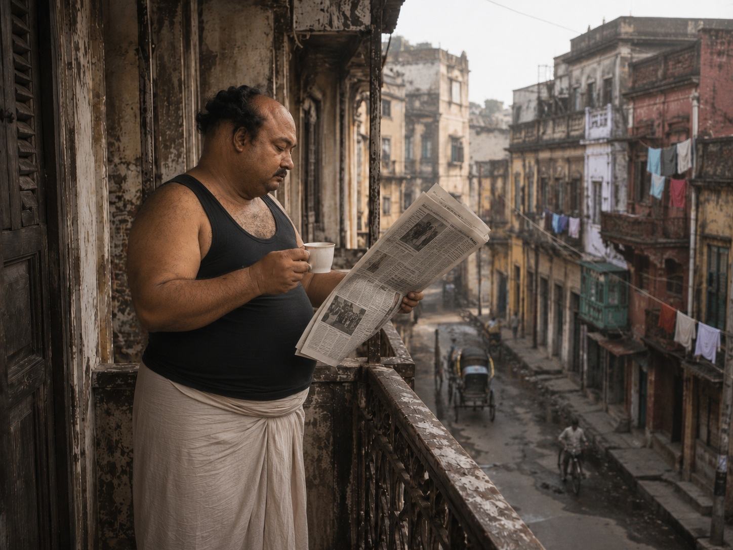 A cup of tea cooling on a table in the muted light of a Calcutta morning.