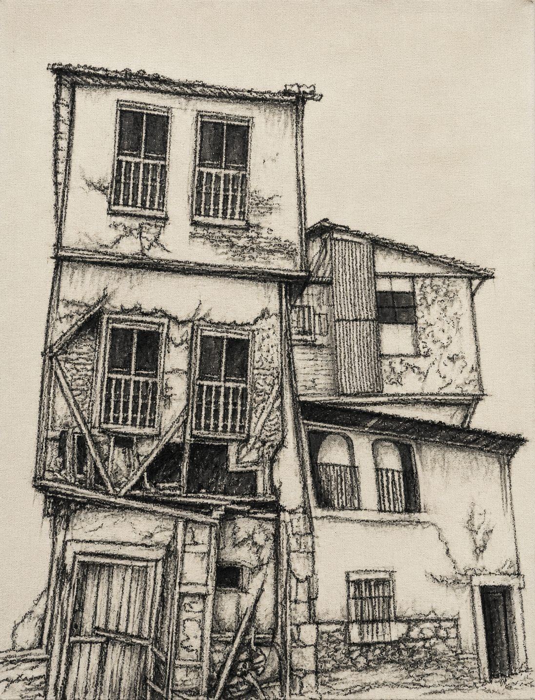 A pencil sketch of a building caught mid-collapse, windows sneering at gravity