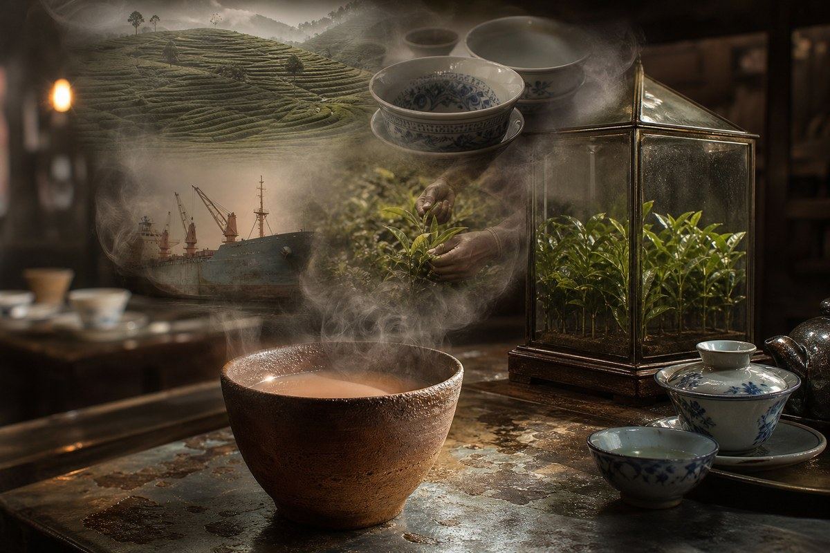 Steaming clay cup of Bengali cha surrounded by tea leaves, porcelain, and a glass plant case