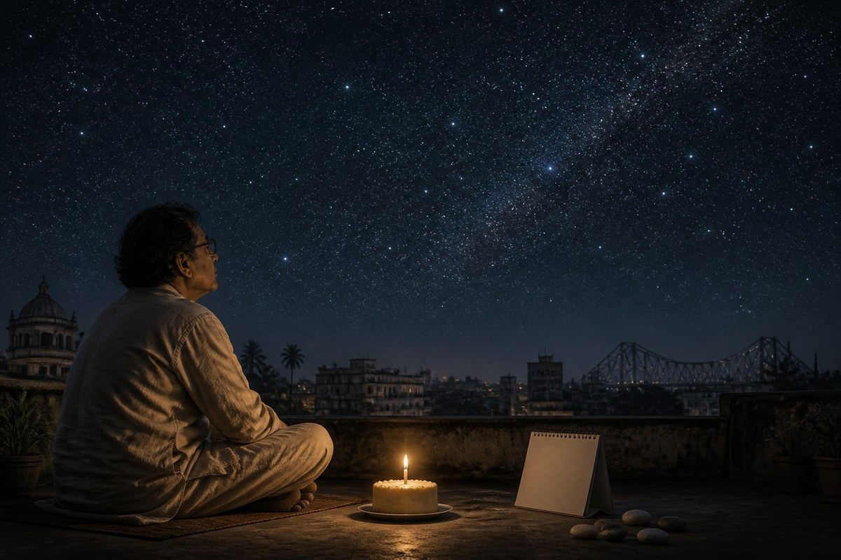 Middle-aged Bengali man sits by a candlelit cake beneath a vast Kolkata night sky