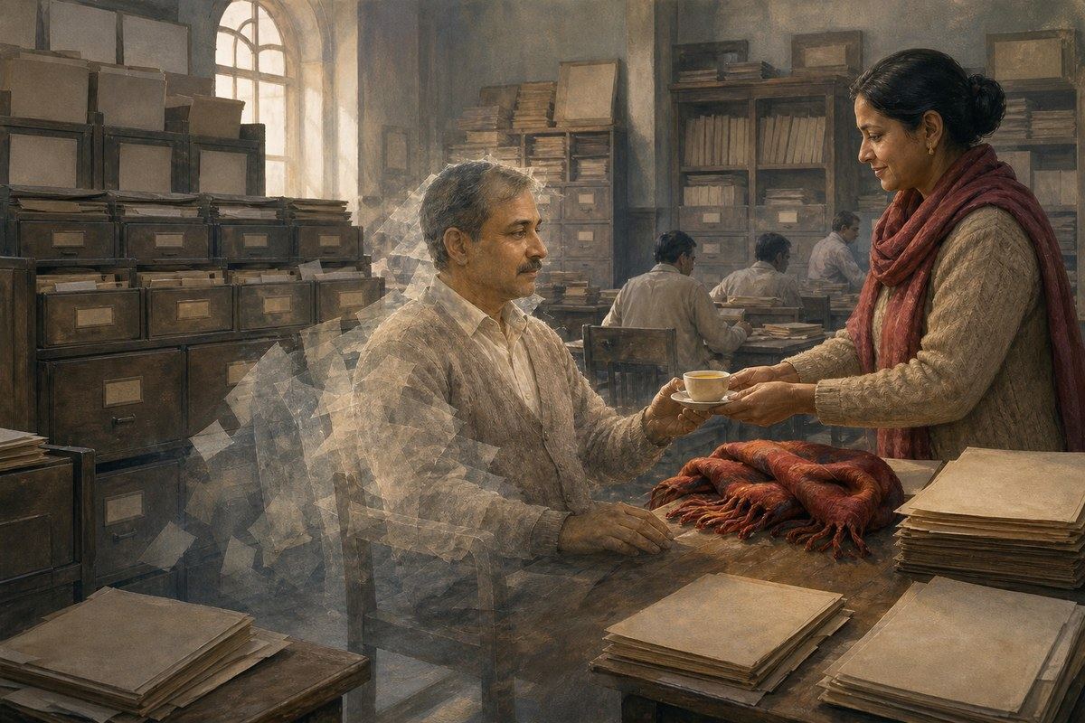 Fading middle-aged clerk accepts tea beside blank files in a Calcutta records office