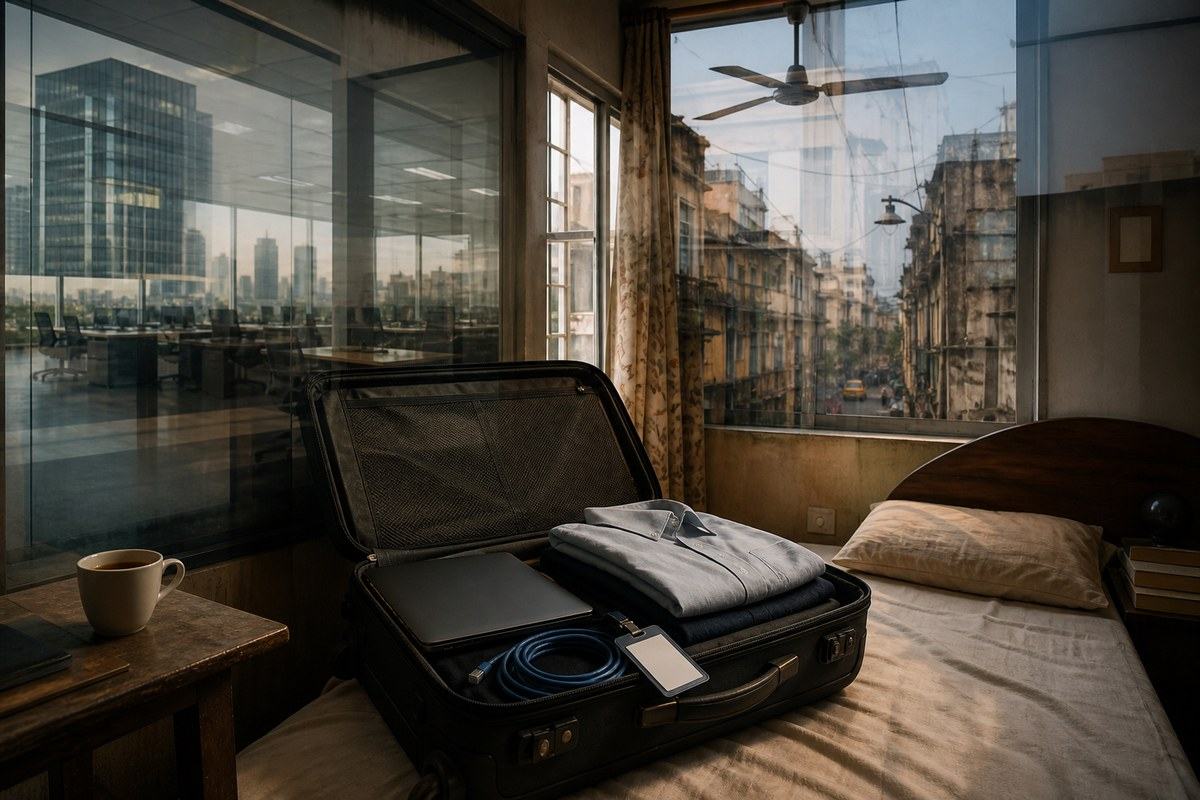 Open suitcase bridges a glass American office memory and a small Kolkata room