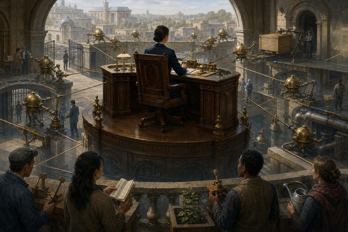 Woman directs a network of brass agents from a raised desk above other workers
