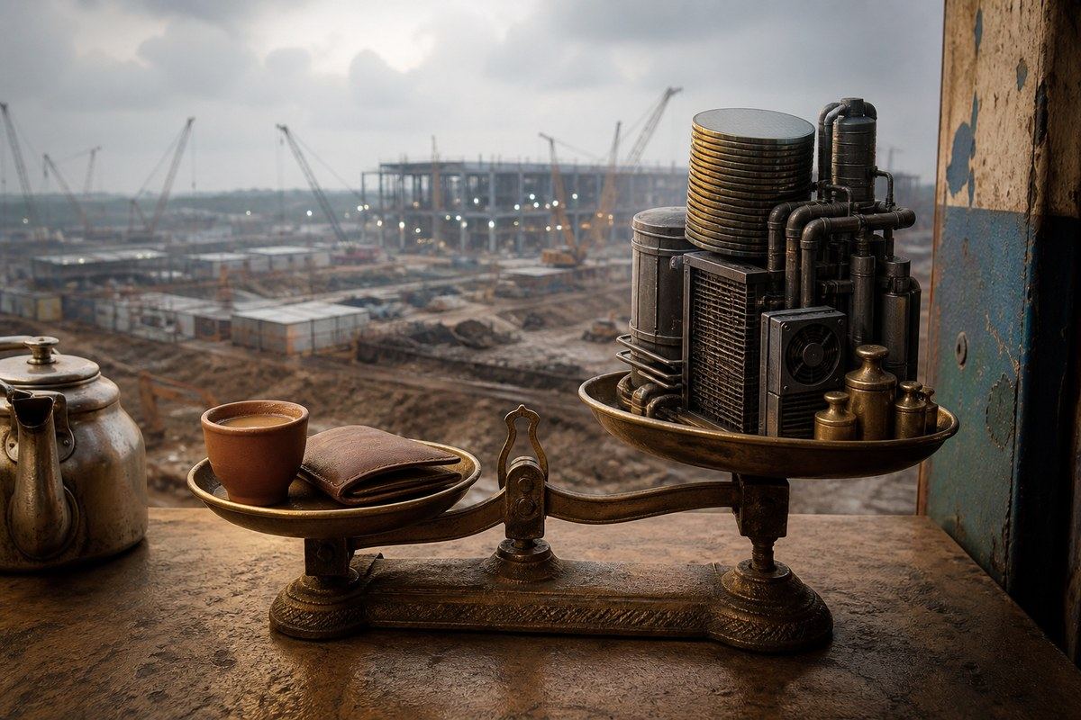 Tea and an empty wallet balanced against a miniature tower of AI infrastructure