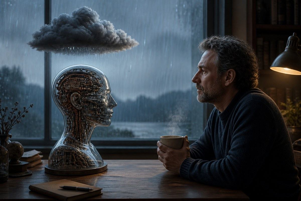Human with a warm cup faces a glass machine head beneath an isolated rain cloud