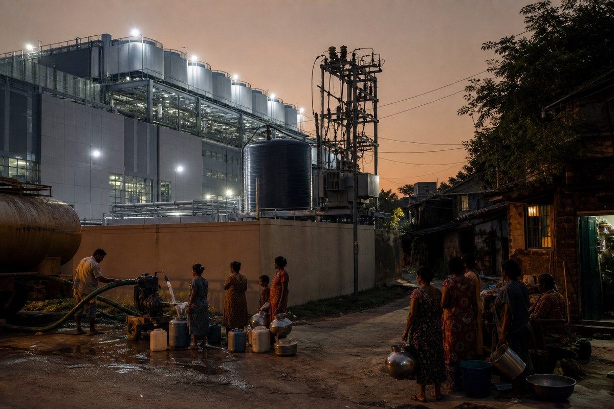 Lit Indian data centre beside homes waiting in darkness with empty water vessels
