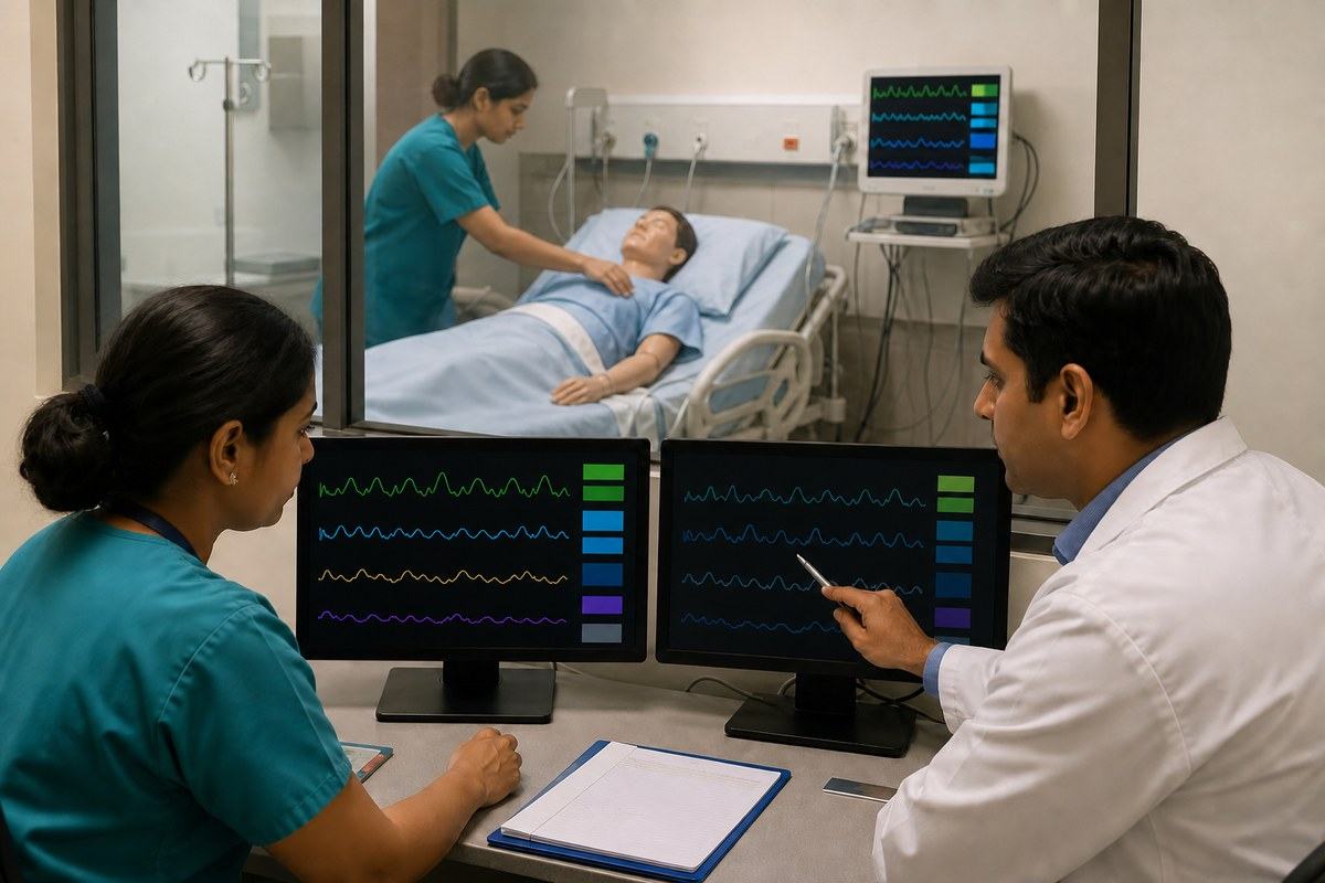 Clinicians compare live and shadow-mode patient waveforms in a hospital