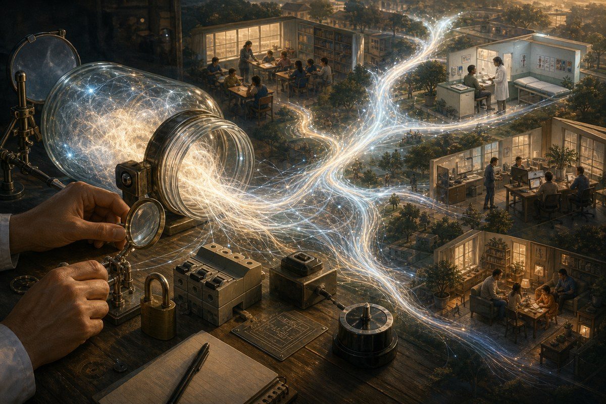 Glowing AI threads escape a glass bottle towards homes, schools and clinics