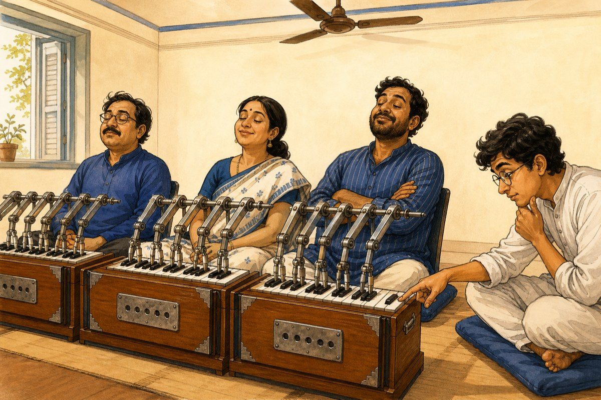 Bengali harmonium students relying on mechanical key presses as one reaches independently
