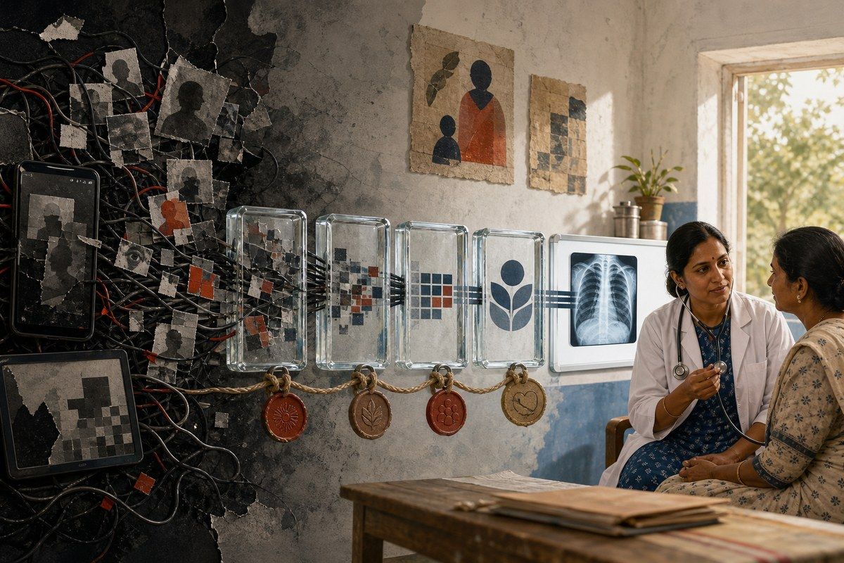 Corrupted digital fragments pass through transparent verification blocks into a calm Indian clinical consultation