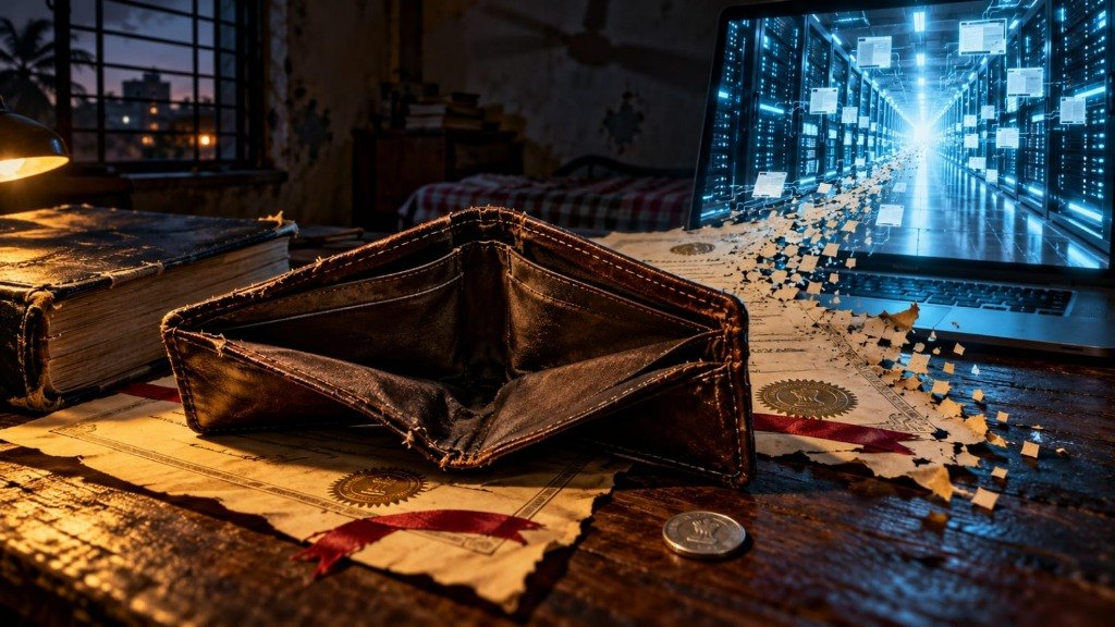 On a worn wooden desk in a dim Calcutta room with a ceiling fan and barred window, an open, empty brown leather wallet and a single rupee coin rest on university diploma scrolls with gold seals and red ribbons as the parchment dissolves into pixels and streams into a laptop screen showing a glowing blue server corridor.