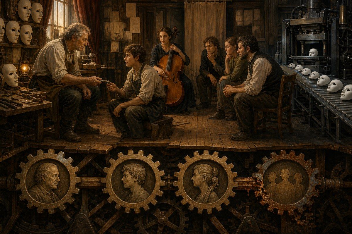 Instrument maker passes a tool to an apprentice as social gears corrode below