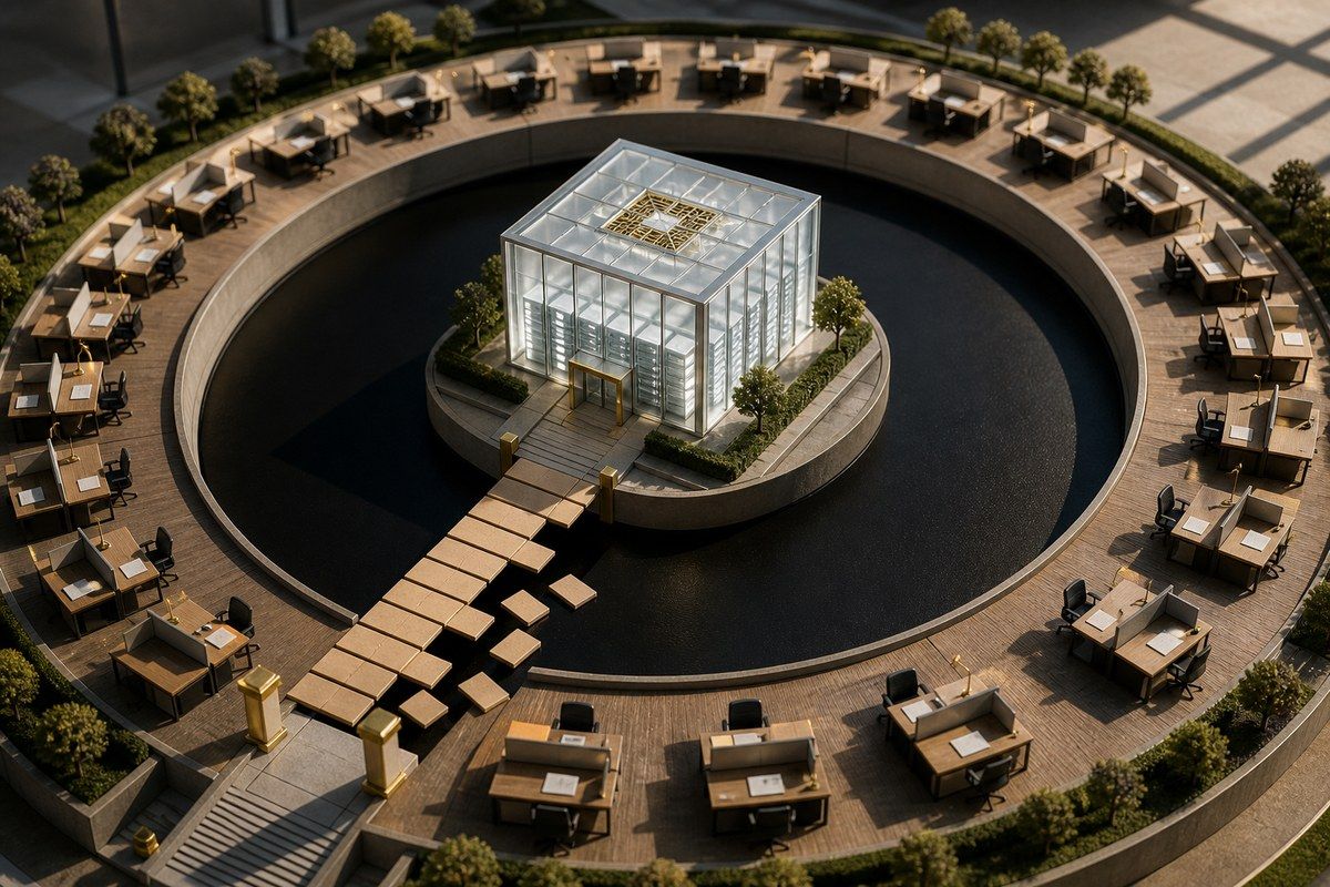 A glass compute citadel sits inside a circular moat while a bridge of blank paper tiles breaks apart