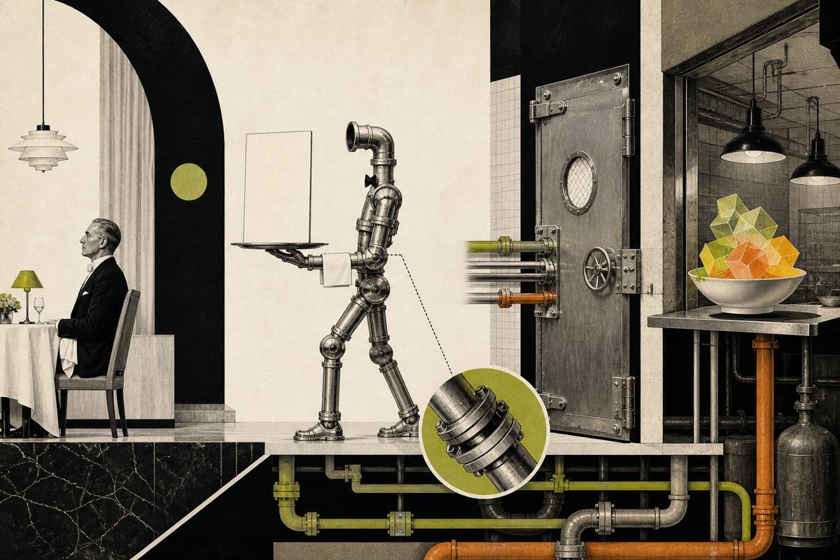 Pipe-bodied waiter carrying a blank menu between a diner and a locked industrial kitchen