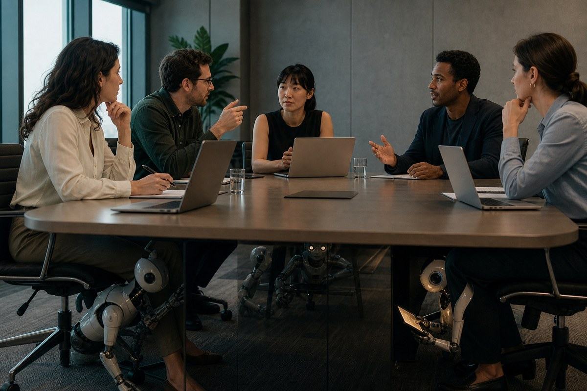 Professionals confer above a table while small robotic assistants hide beneath it