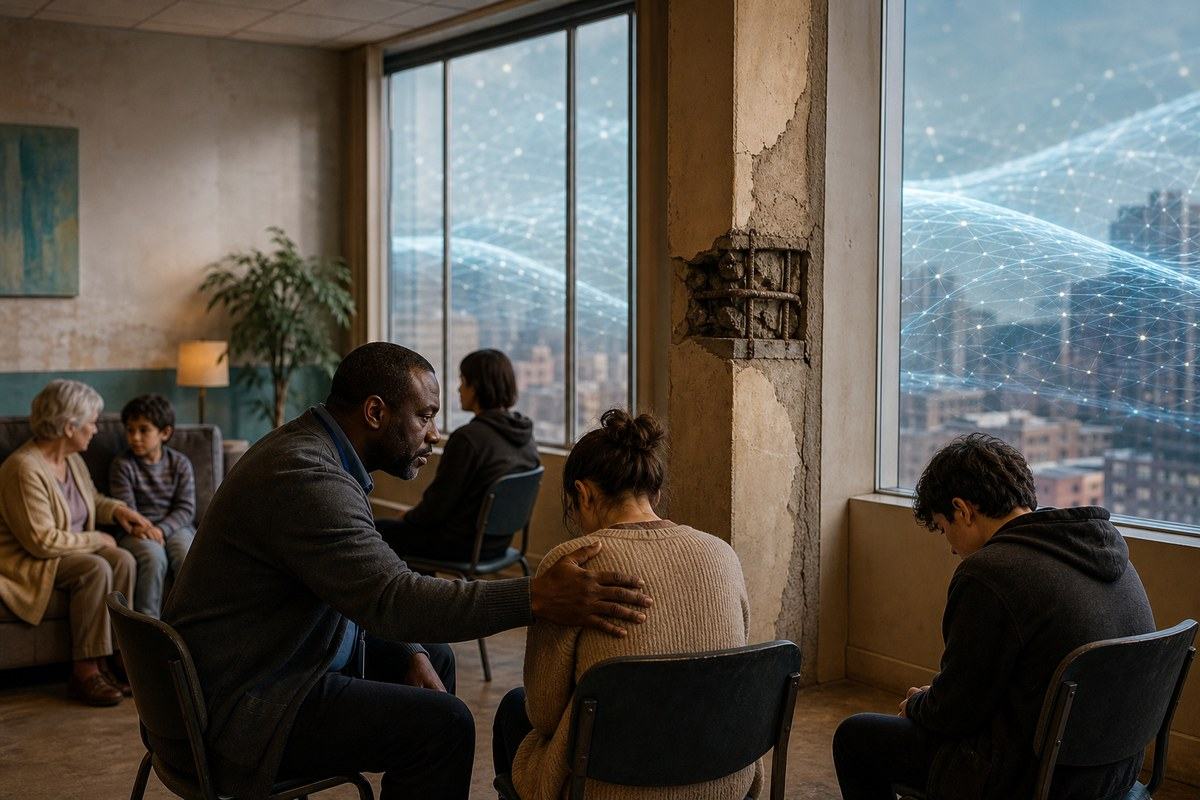 Counsellor supports a patient beside a cracked clinic column as a network wave approaches