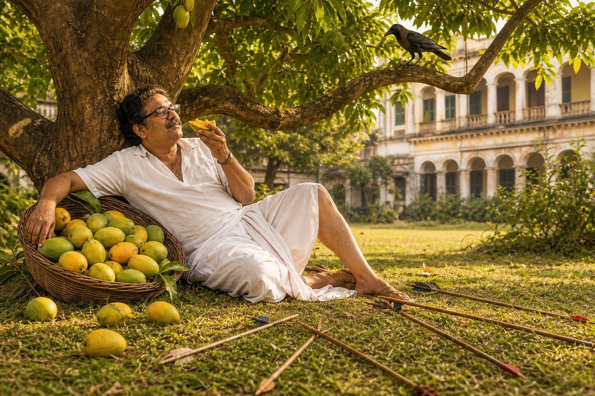 Relaxed Bengali man eats mangoes beneath a tree while arrows point nowhere