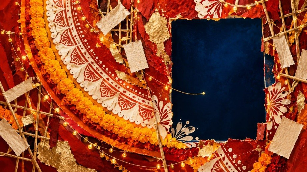 Festive Durga Puja collage featuring torn crimson paper, bamboo scaffolding with glowing fairy lights, yellow marigold garlands, and white alpana patterns framing an empty dark blue rectangular space.
