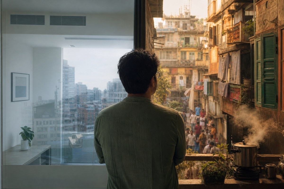 Man stands between a quiet American apartment and a bustling Calcutta balcony