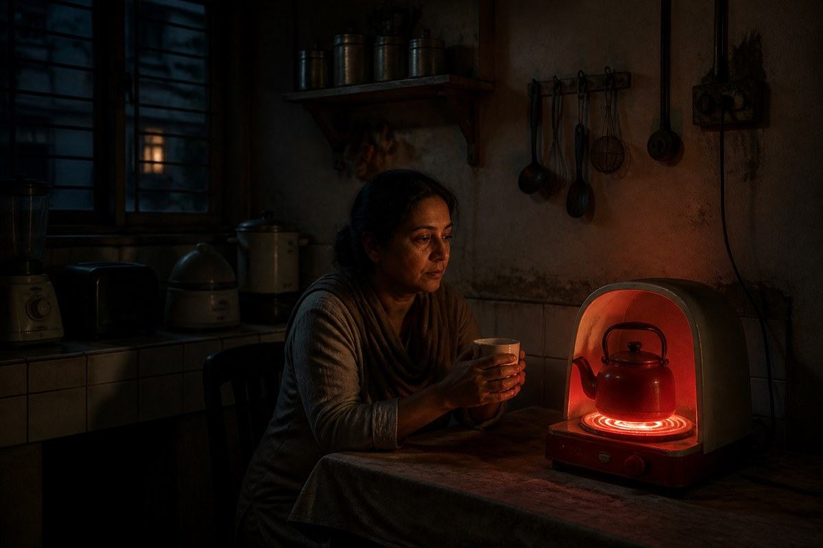 Woman warms tea beside the only glowing appliance in a dark Kolkata kitchen