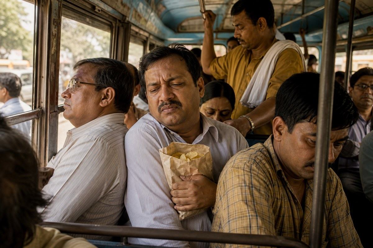 Annoyed commuter protects a bag of chips in a crowded Calcutta minibus