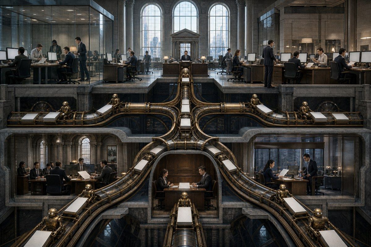 Blank documents move through brass workflow arteries inside a financial operations hall