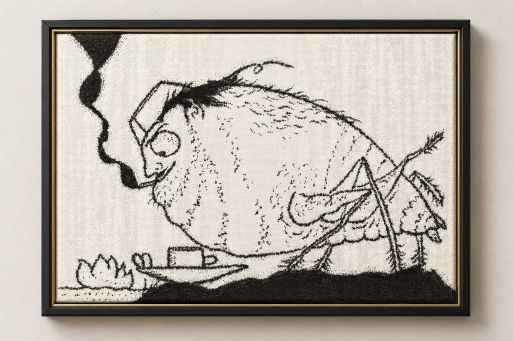Framed monochrome charcoal drawing on textured canvas of a hunched, insect-like creature with round spectacles and a cap smoking a pipe beside a small cup and saucer.