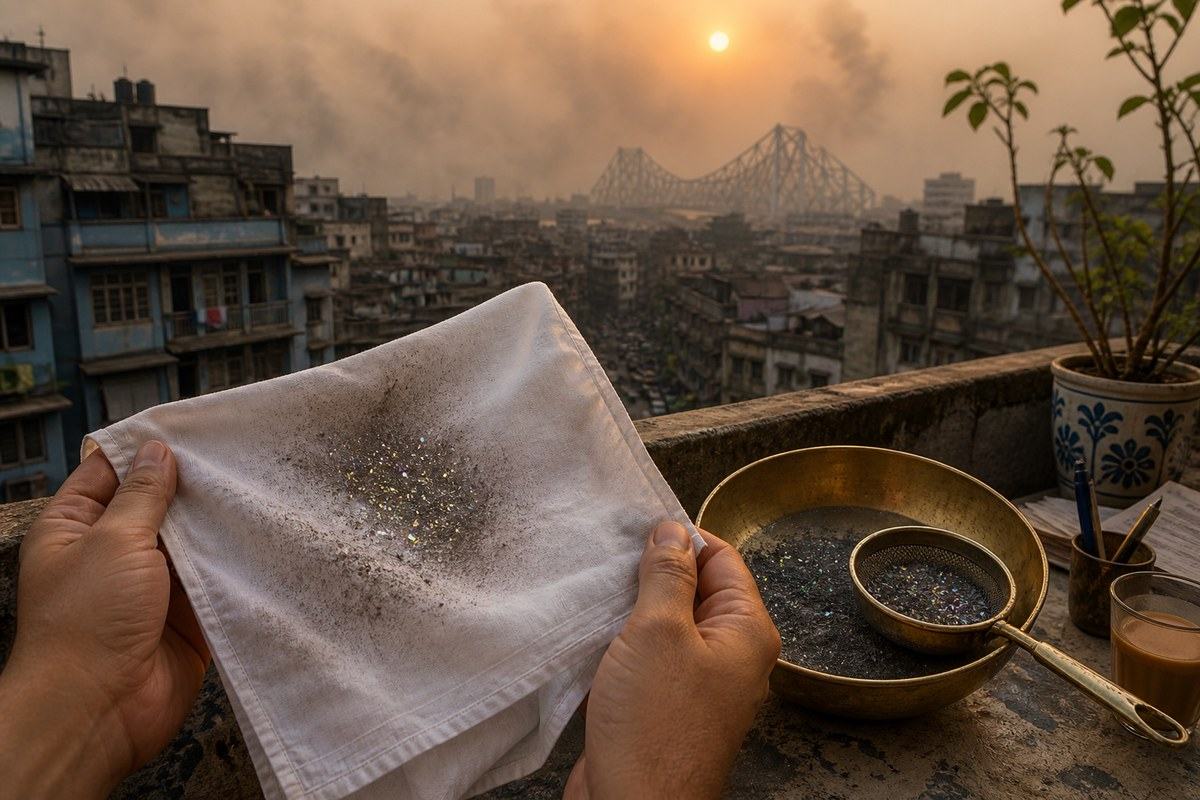 Sooty handkerchief and brass mining pan overlooking smoggy Kolkata