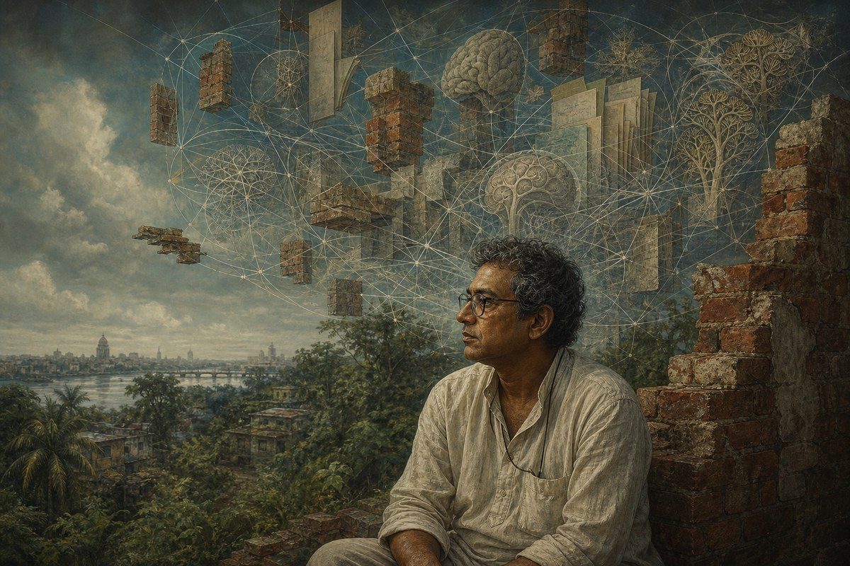 Bengali man beneath a web of brick and organic patterns at Calcutta's rural edge