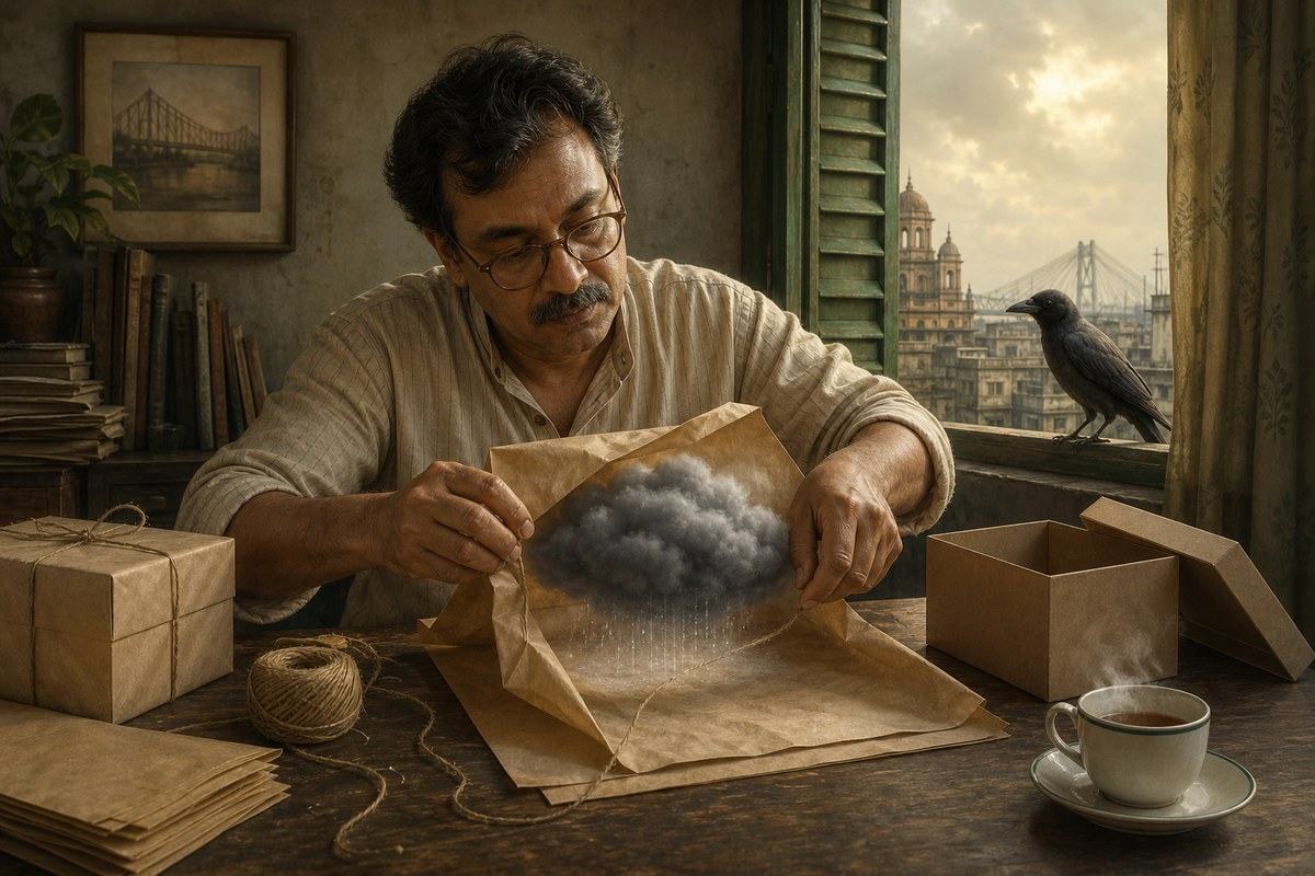 Bengali man wraps a small rain cloud in brown paper as a crow watches