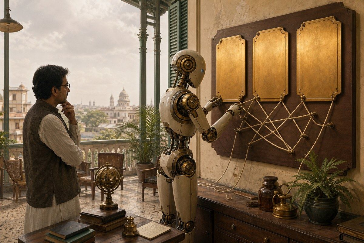 Robot rewires cords beneath three blank brass plaques on a Calcutta veranda