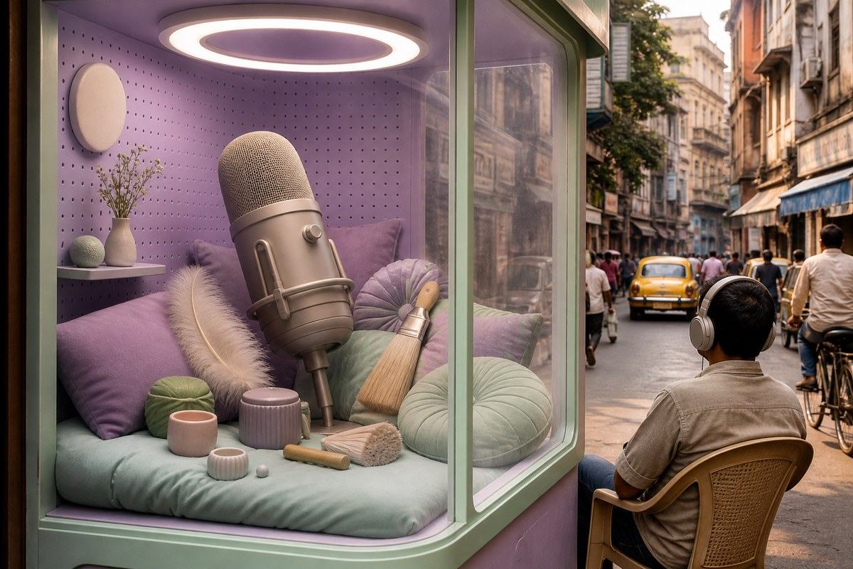 Oversized microphone in a pastel sound booth beside a lone Kolkata listener