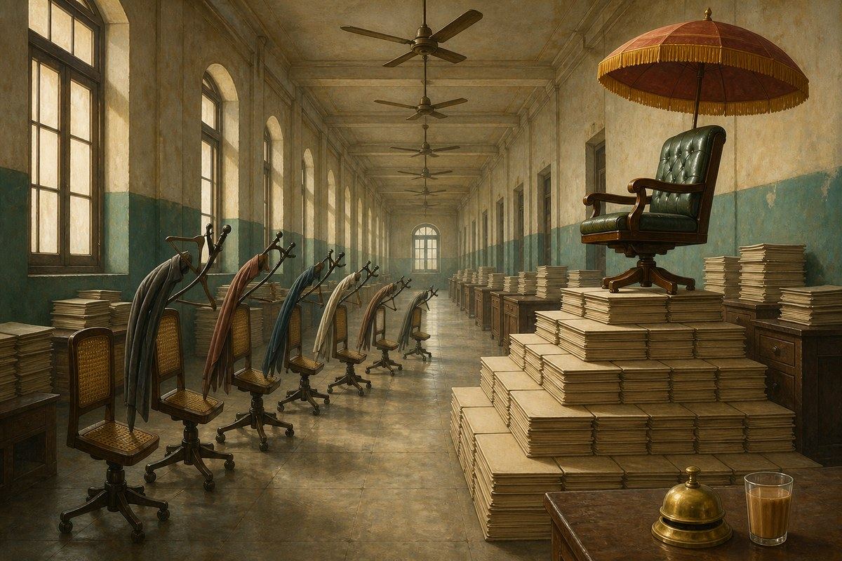 Empty office chairs bow toward an elevated VIP chair beneath a ceremonial parasol