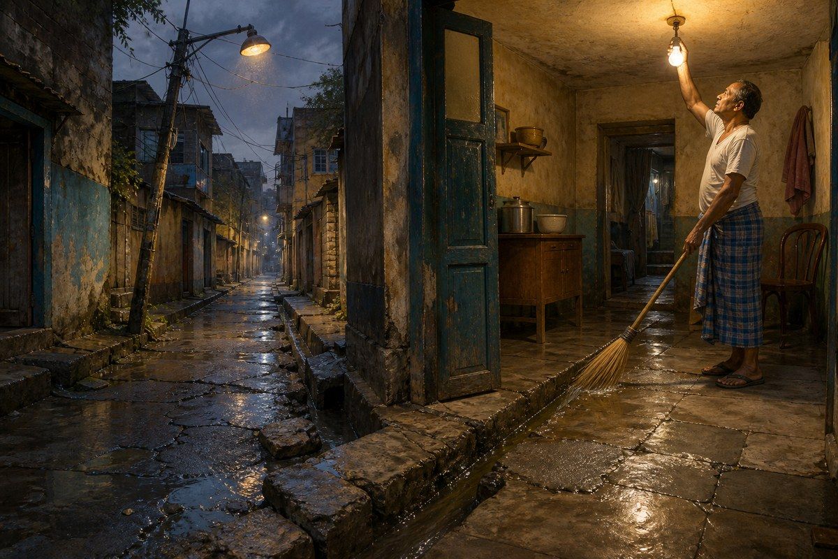 Man changes a bulb while sweeping rainwater from a room into a patched Kolkata lane
