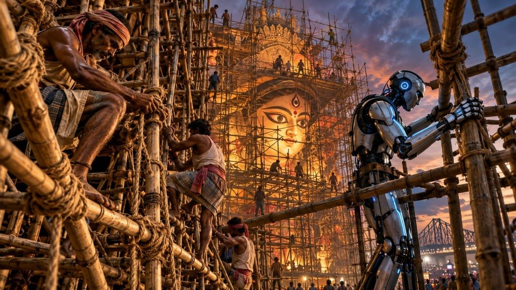 Bengali artisans tie bamboo scaffolding before an illuminated Durga Puja idol at twilight in Calcutta, as a humanoid robot grips the bamboo poles with the Howrah Bridge in the background.