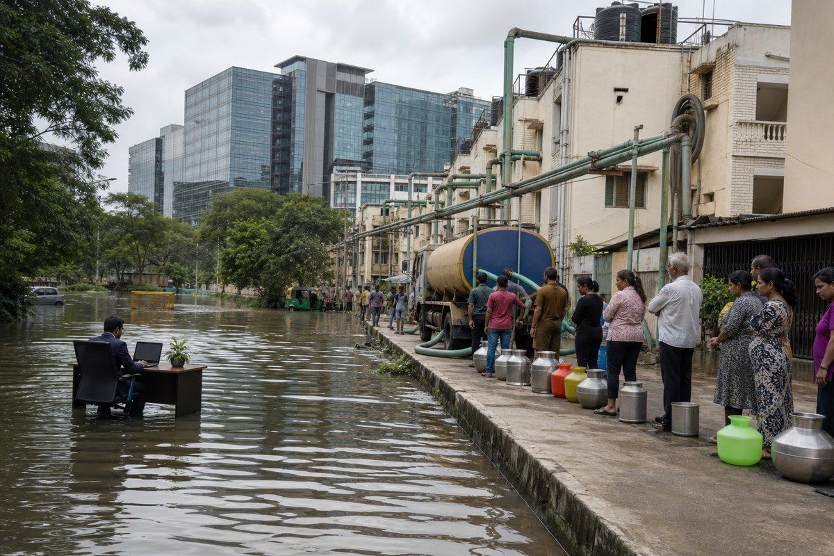 Flooded Bengaluru street beside a water tanker queue and looping civic pipes
