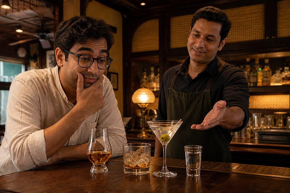 Bengali patron studies four American-style bar drinks with a bartender
